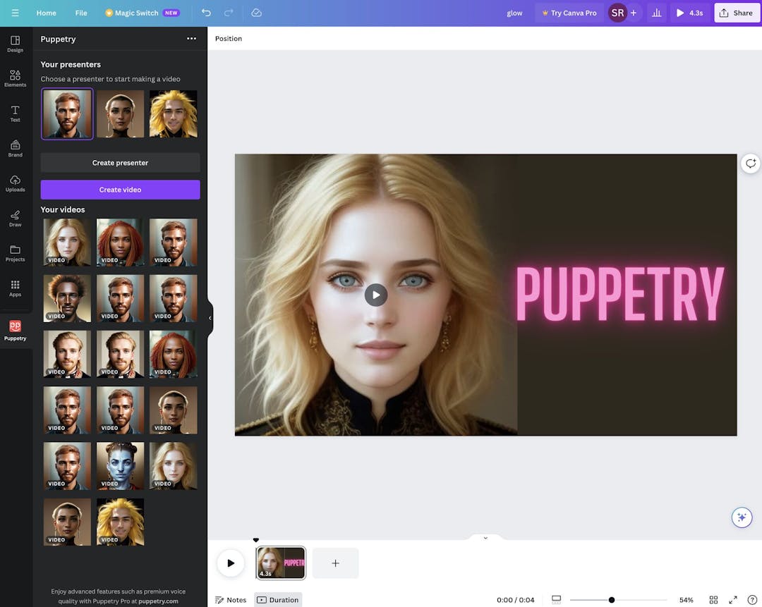 Screenshot of Puppetry on Canva.com