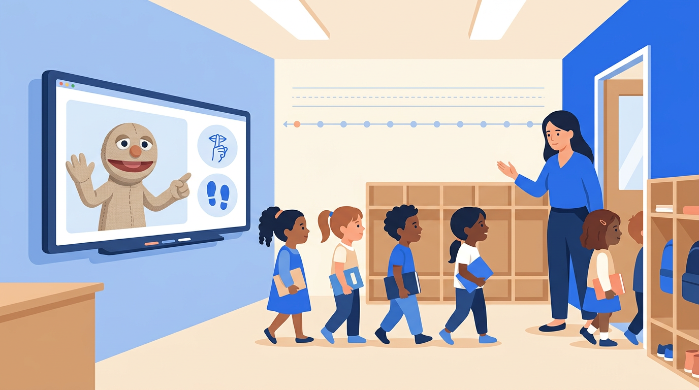 Illustrated lower-elementary classroom transition with children lining up calmly as a puppet on a smartboard gives a quiet reminder