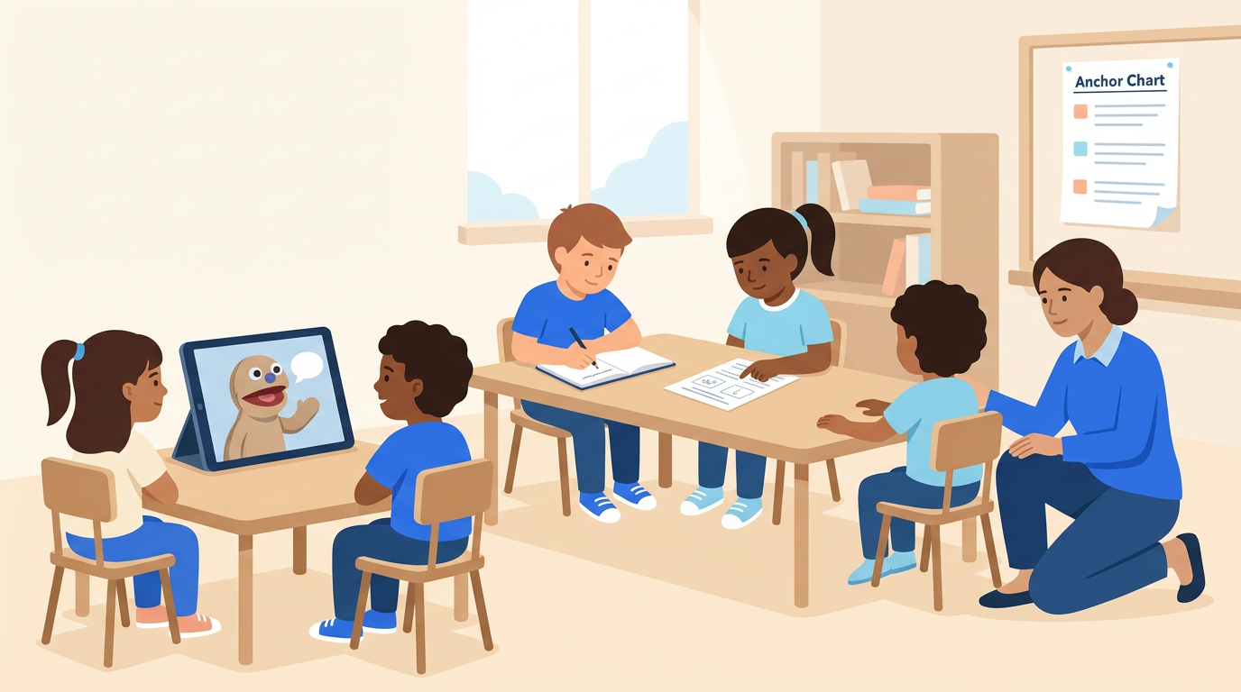 Illustrated classroom station rotation with one group watching a scaffolded puppet lesson while other groups work independently or confer with the teacher