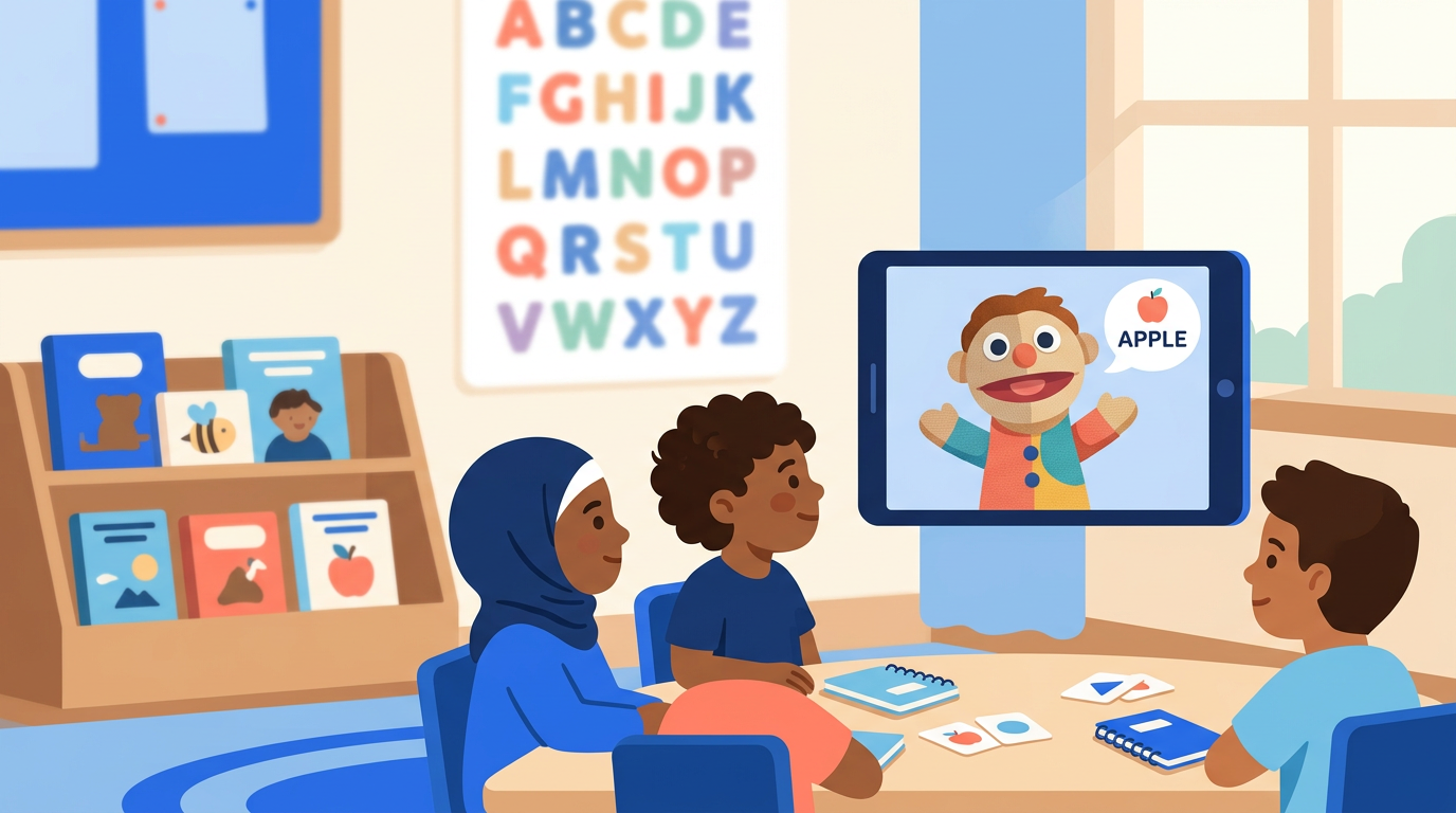 Illustrated elementary classroom scene with diverse students watching a puppet teach the word APPLE on a tablet screen