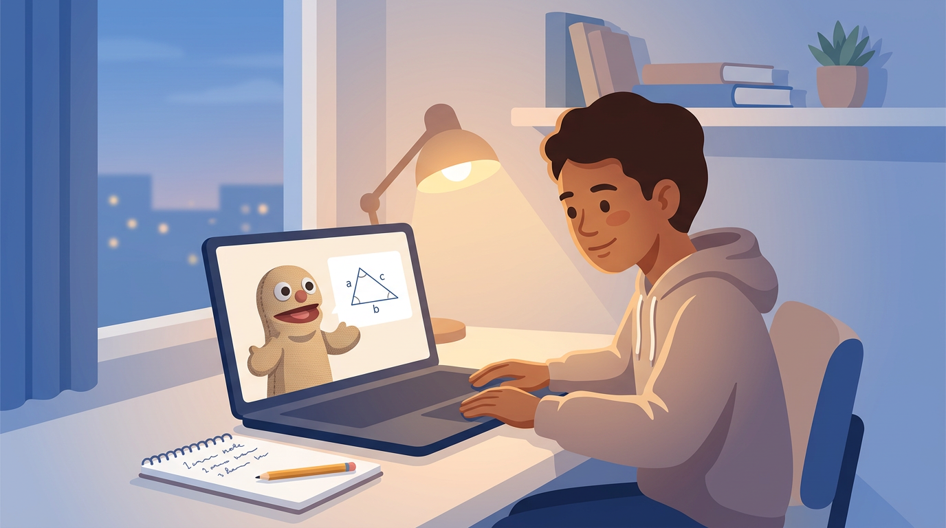 Illustrated scene of a teenage student at a home desk watching a puppet explain a math concept on a laptop in the evening