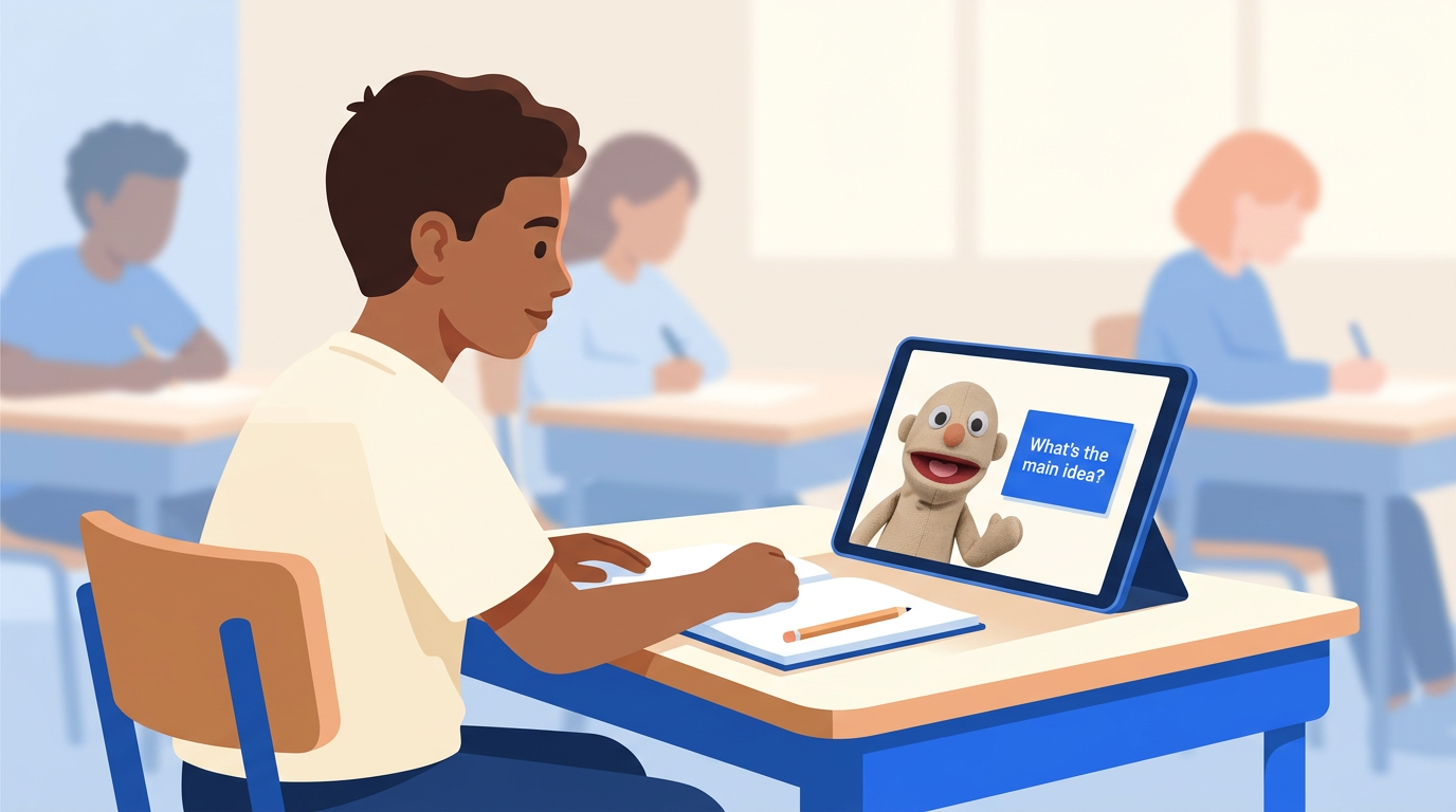 Illustrated middle-school student at a desk with a notebook and a tablet showing a puppet asking a short quick-check question