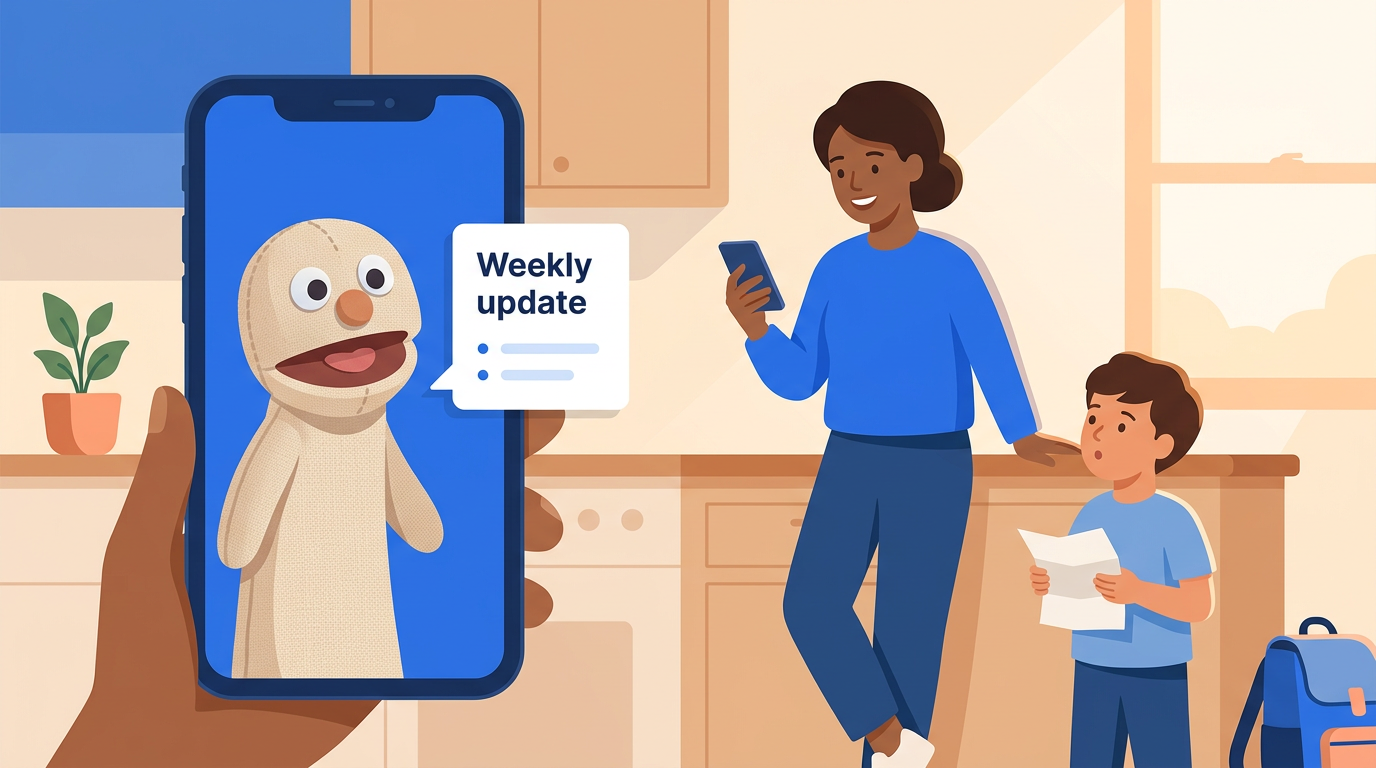 Illustrated home scene of a parent watching a short puppet-led weekly update on a phone while a child stands nearby with a school note