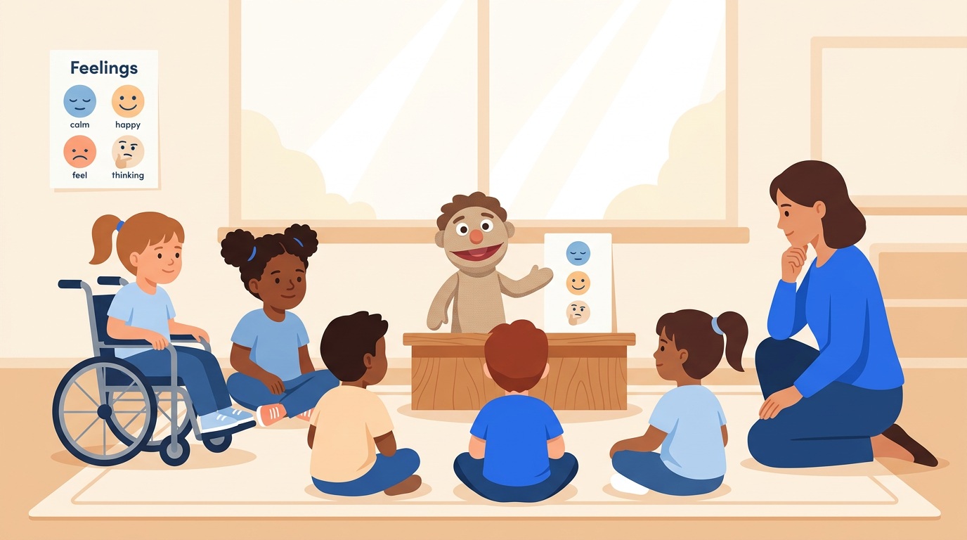 Illustrated classroom morning meeting scene with diverse students sitting on a rug as a puppet leads a feelings check-in