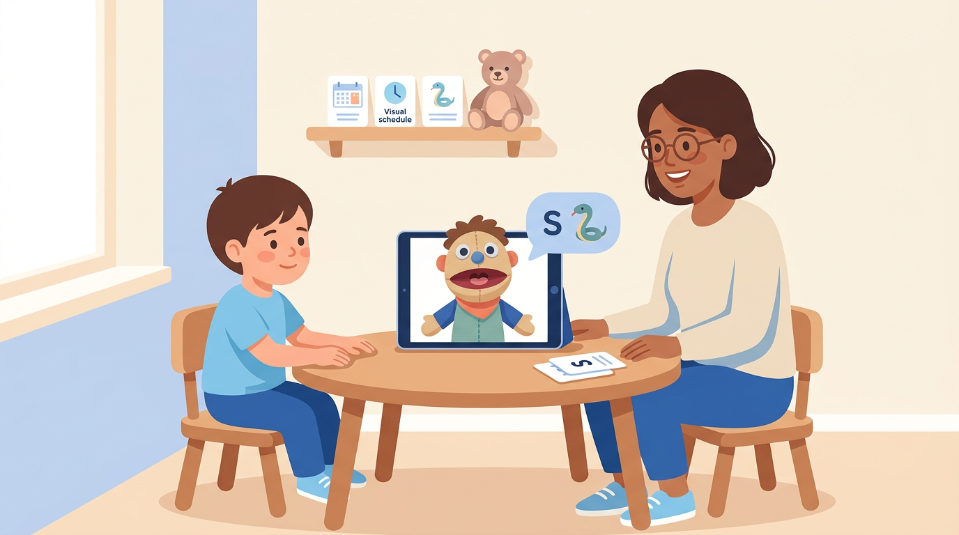 Illustrated speech therapy session where a young student and a therapist watch a puppet model a target sound on a tablet
