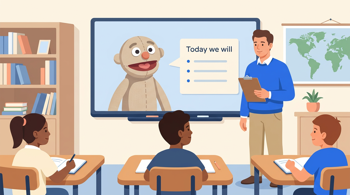 Illustrated classroom with a substitute teacher next to a smartboard showing a puppet introducing the day’s lesson